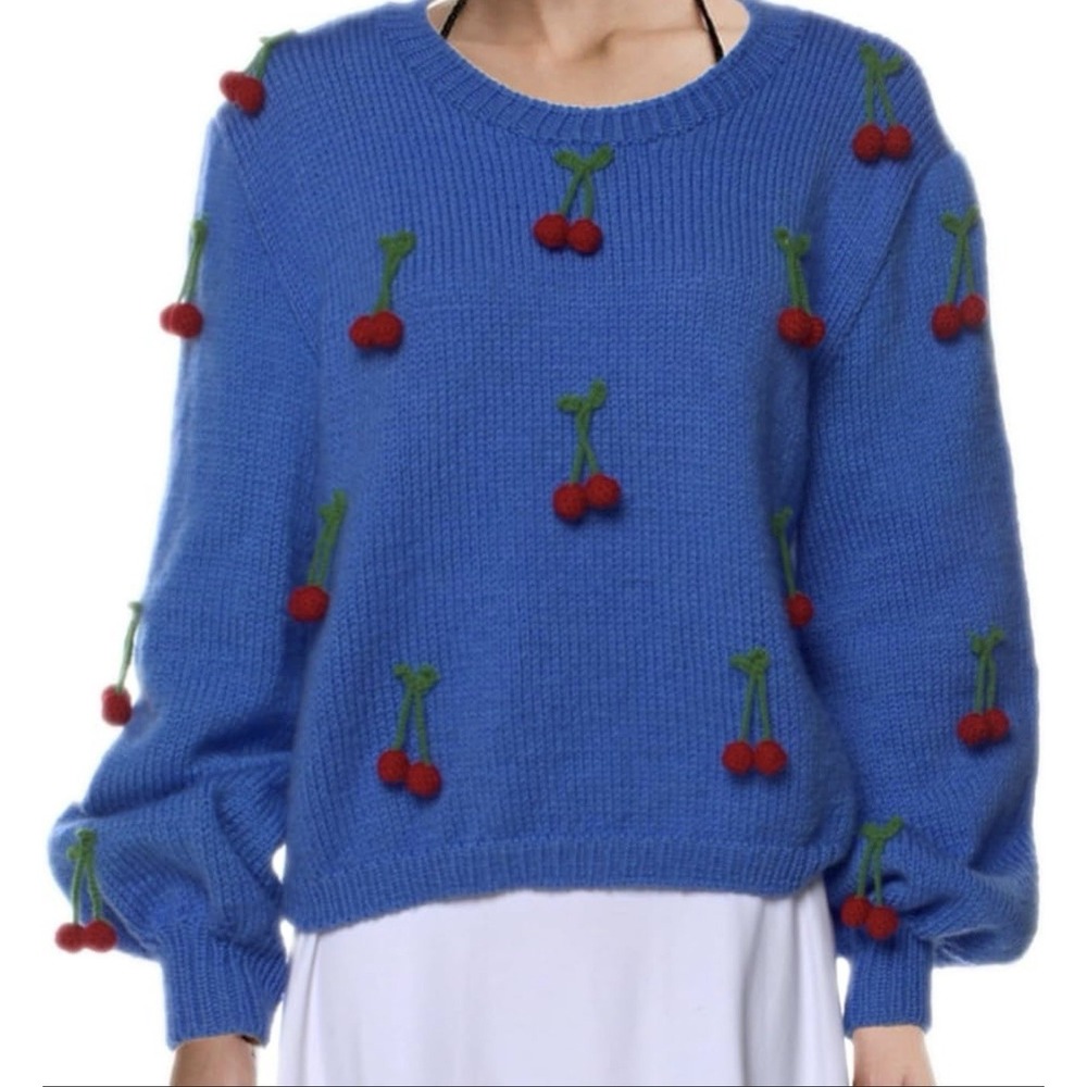 Lirika Matoshi Womens Cherries Sweater Sz Large Blue Long Sleeve Pullover